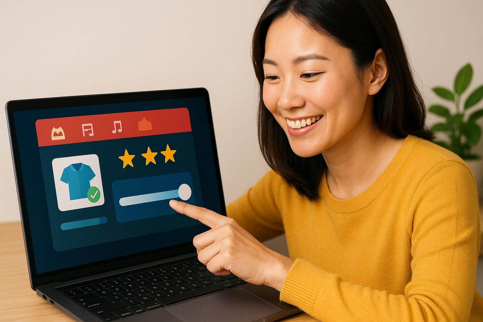 笑顔で設定を調整する女性