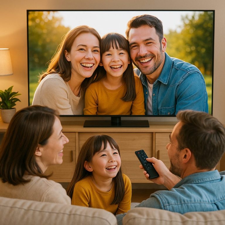 家族の笑顔とテレビ画面