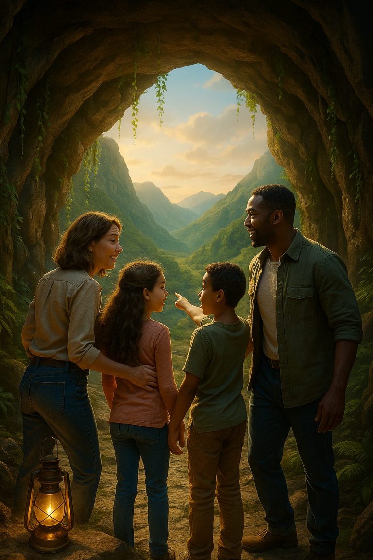 洞窟の入り口と家族の冒険