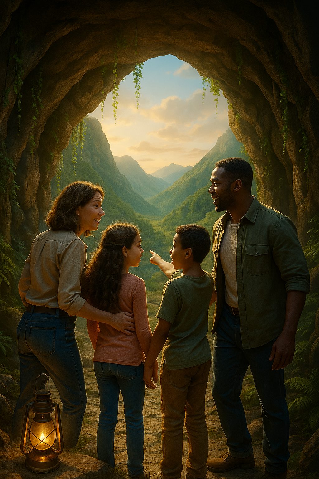 洞窟の入り口と家族の冒険