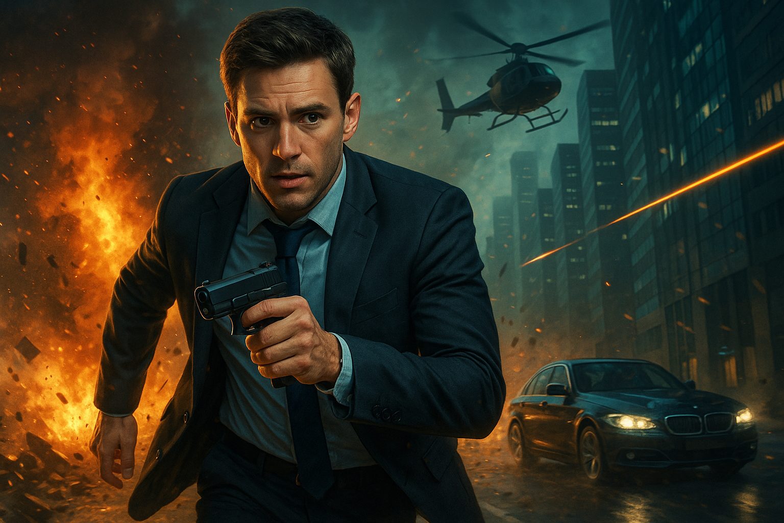 スパイと爆発の街中シーン