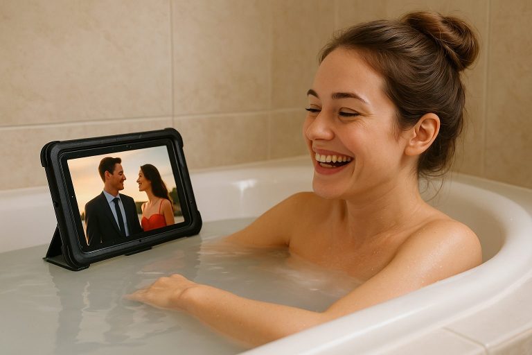 バスタブで映画を楽しむ女性