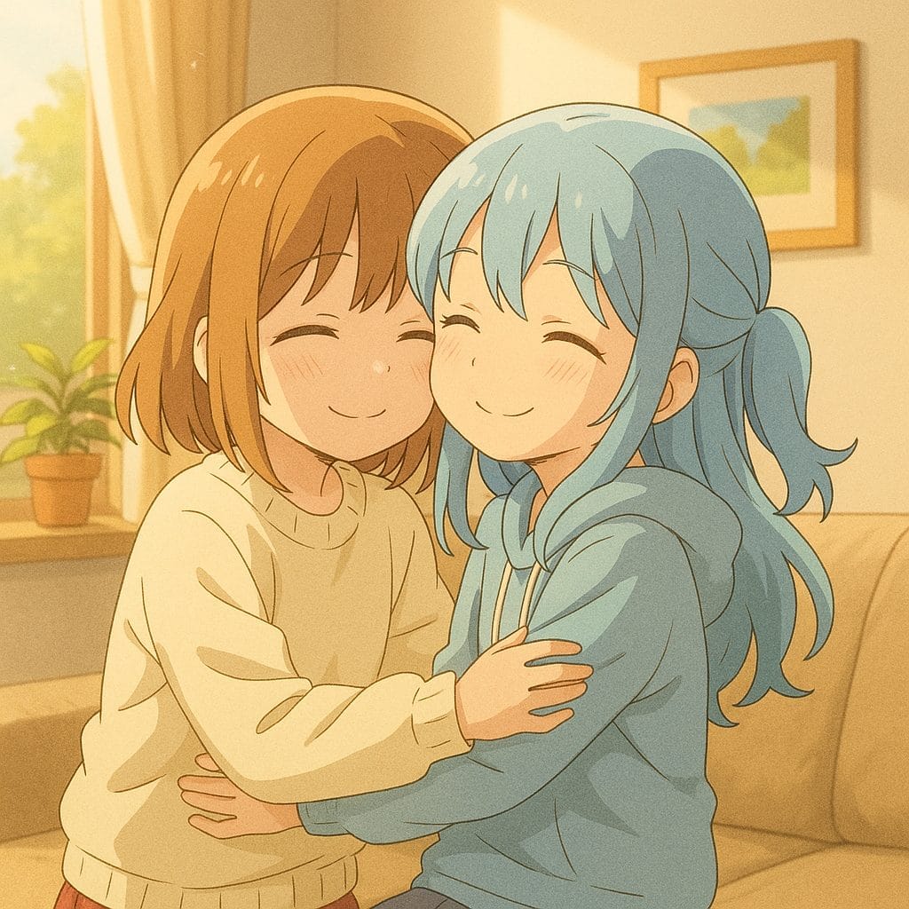 柔らかな日差しの中で抱き合う二人