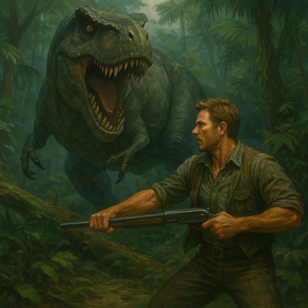 恐竜と対峙する男