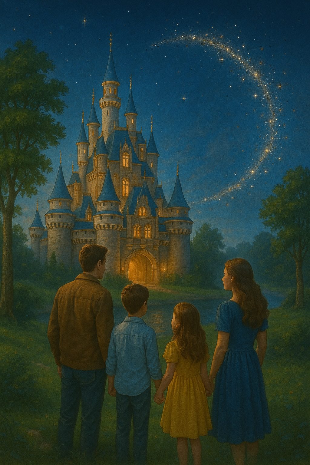 幻想的な城と家族の風景