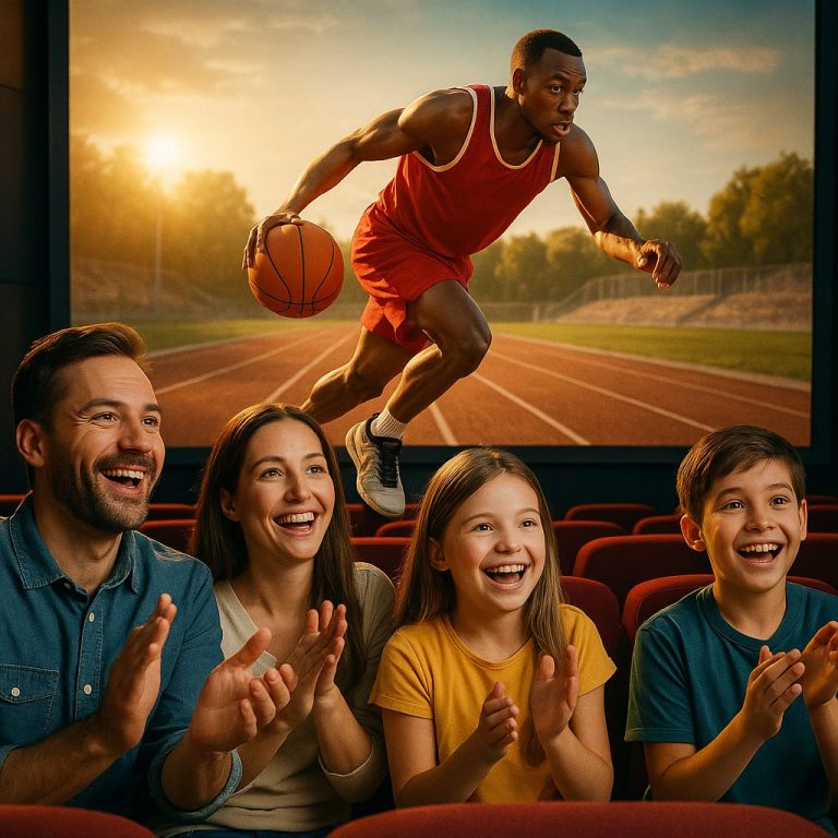 映画館でスポーツ映画を観る家族