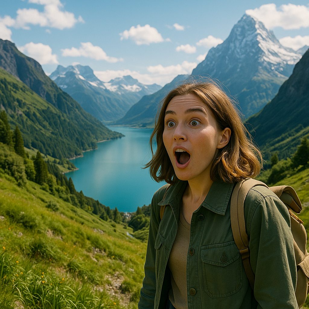 山岳景観に驚く女性