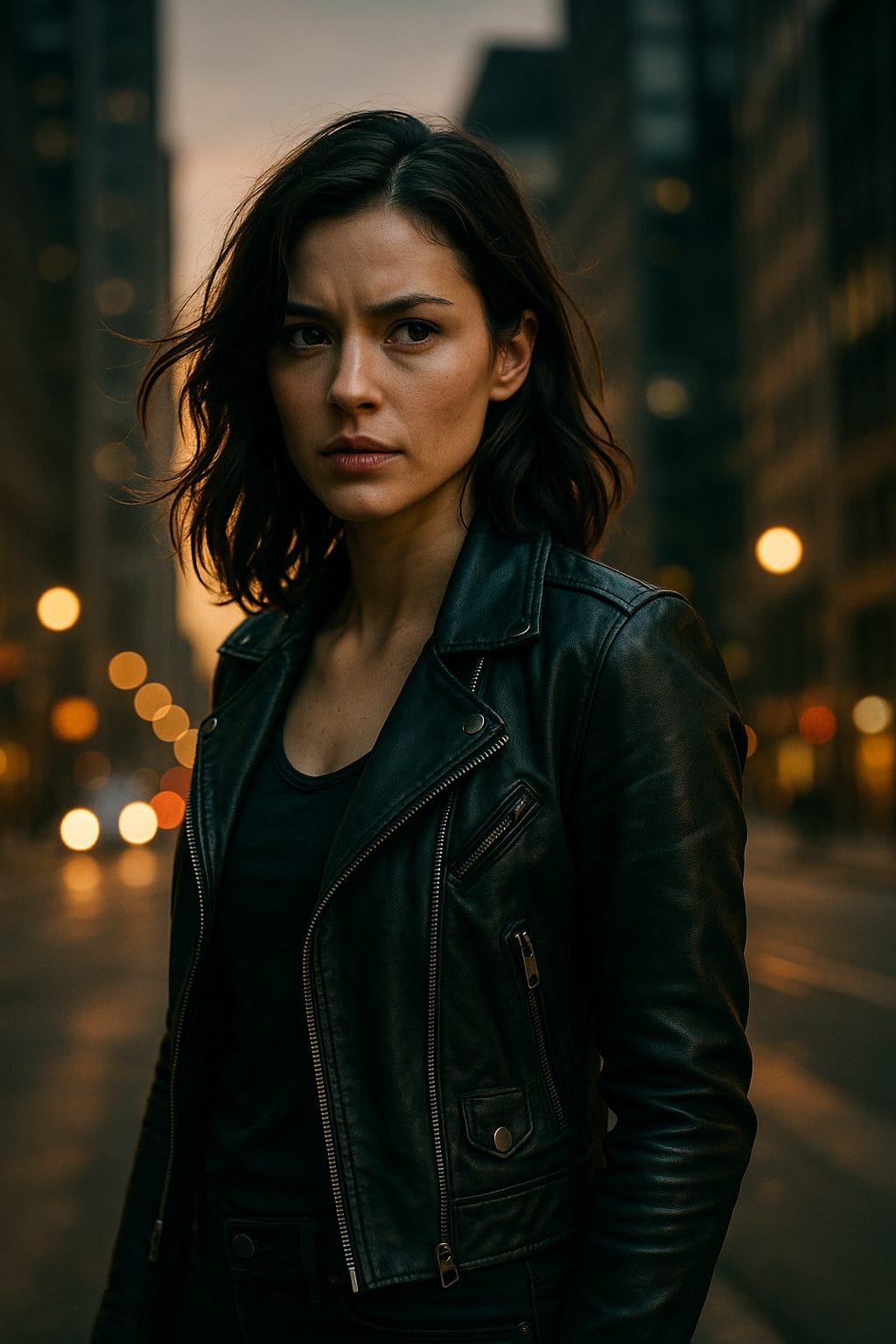 都市の夕暮れと決意の表情