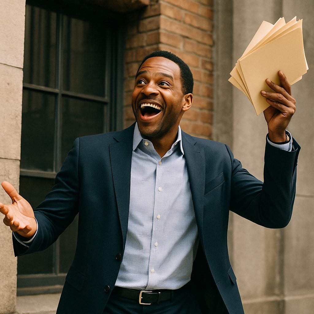 笑顔のビジネスマンと建物