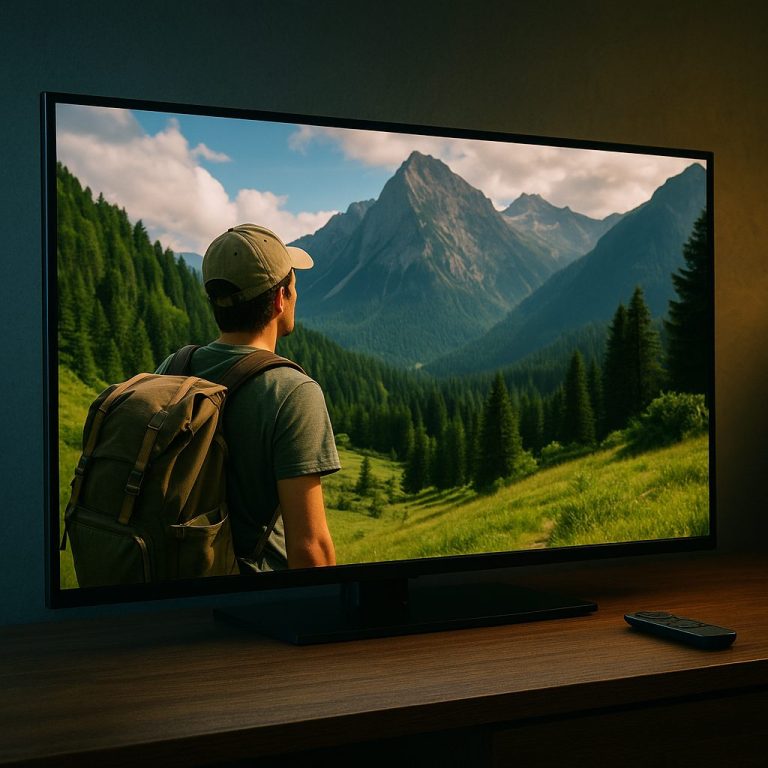 テレビ画面とハイカーの風景