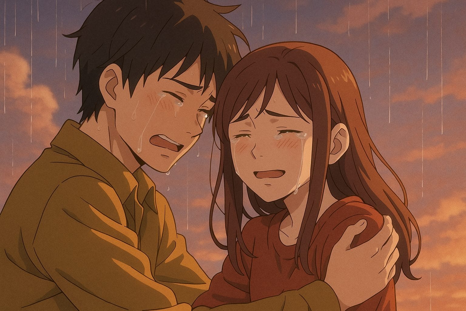 雨の中での涙の抱擁