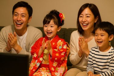 家族と着物の笑顔