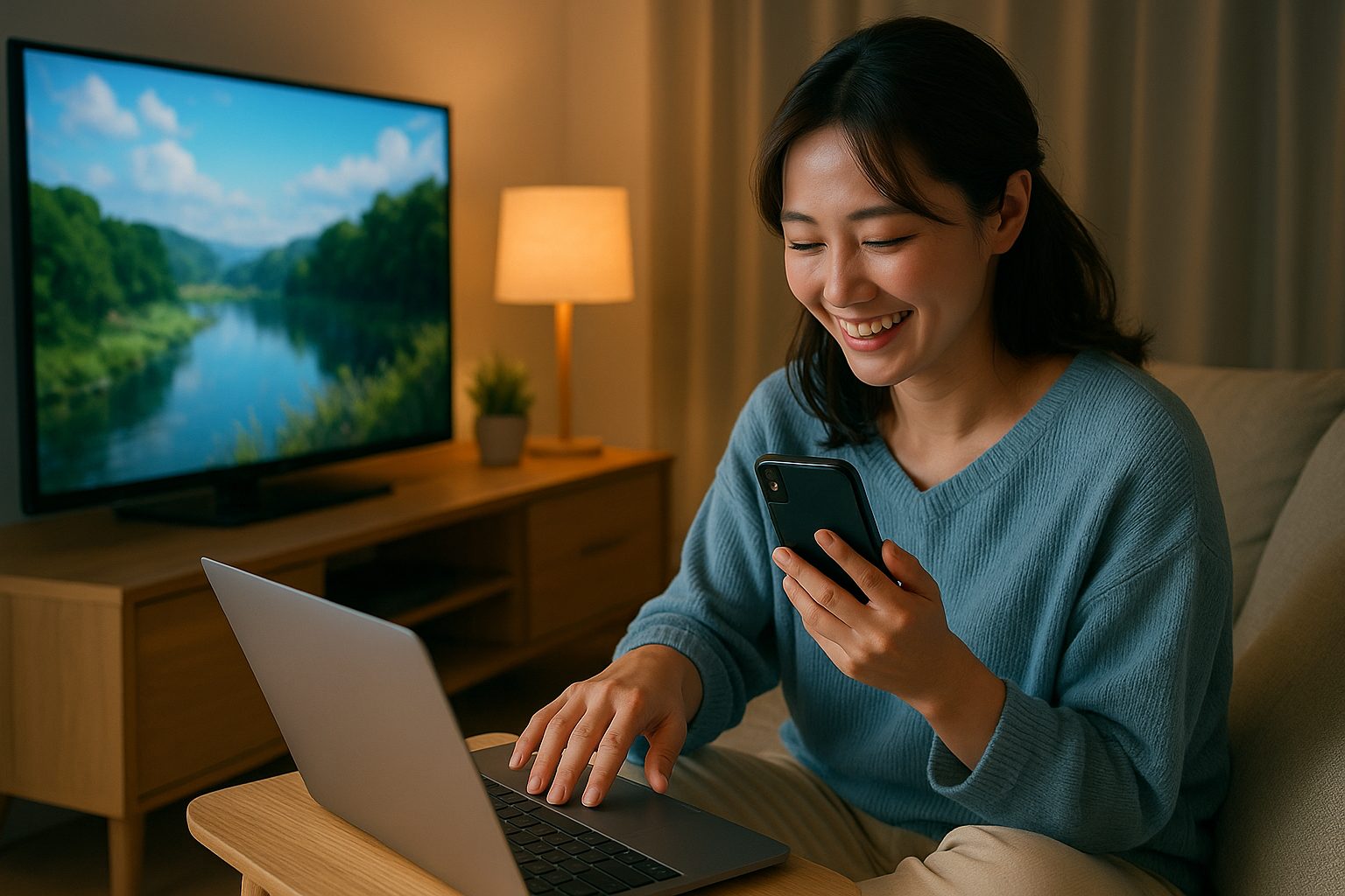 ナイトタイムのリビングで映画鑑賞