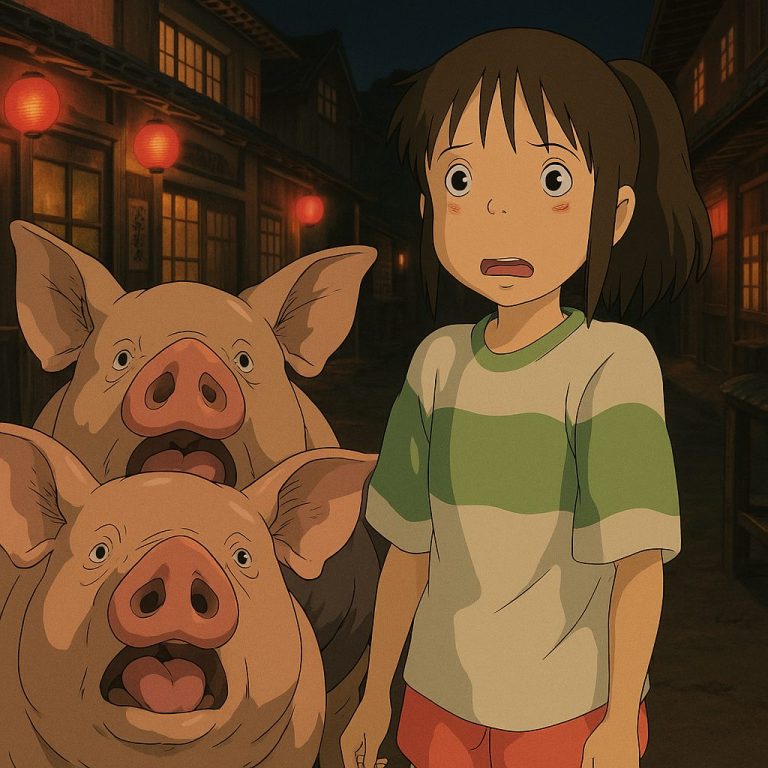 夜の町と不思議な豚たち