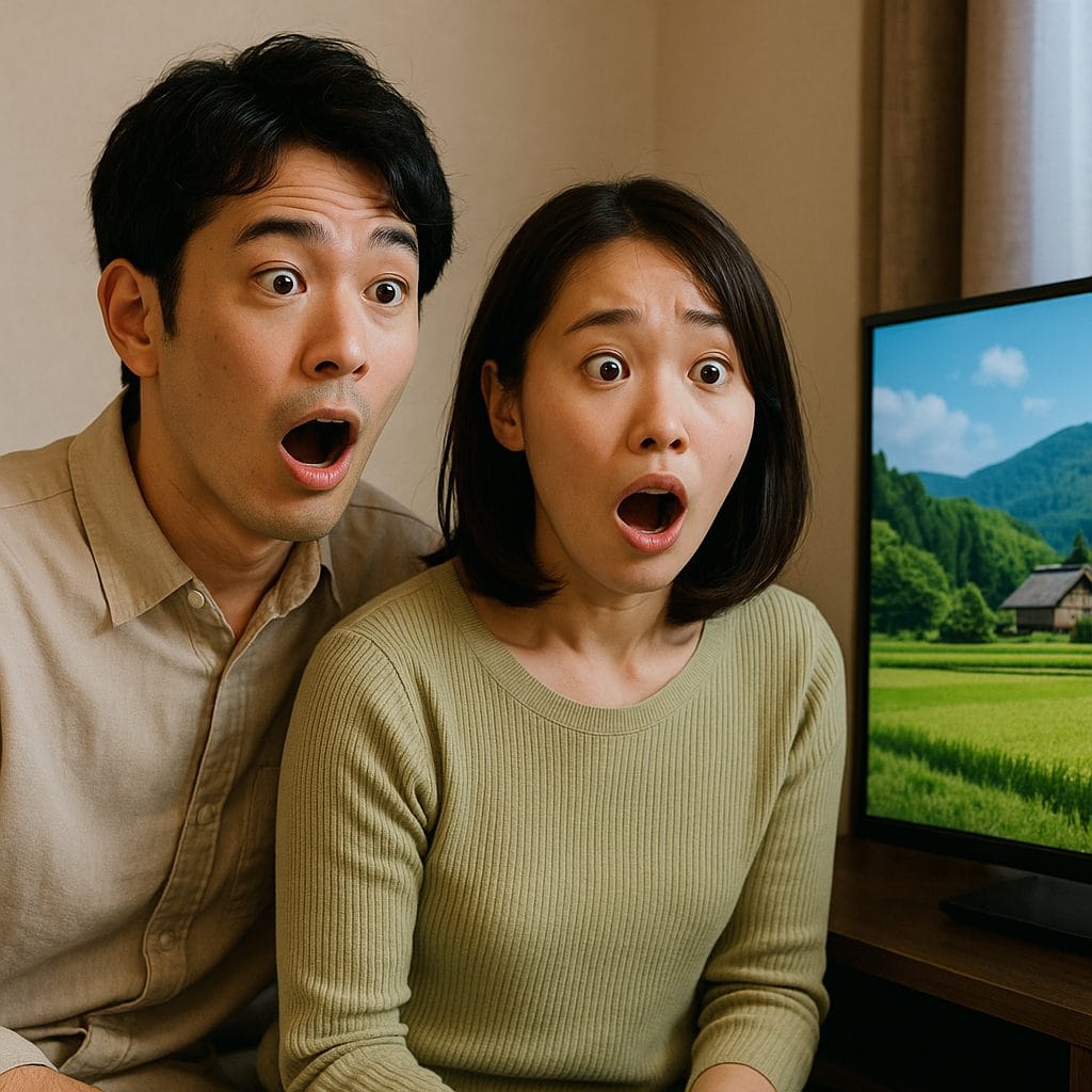 田舎の美しい風景に驚く二人