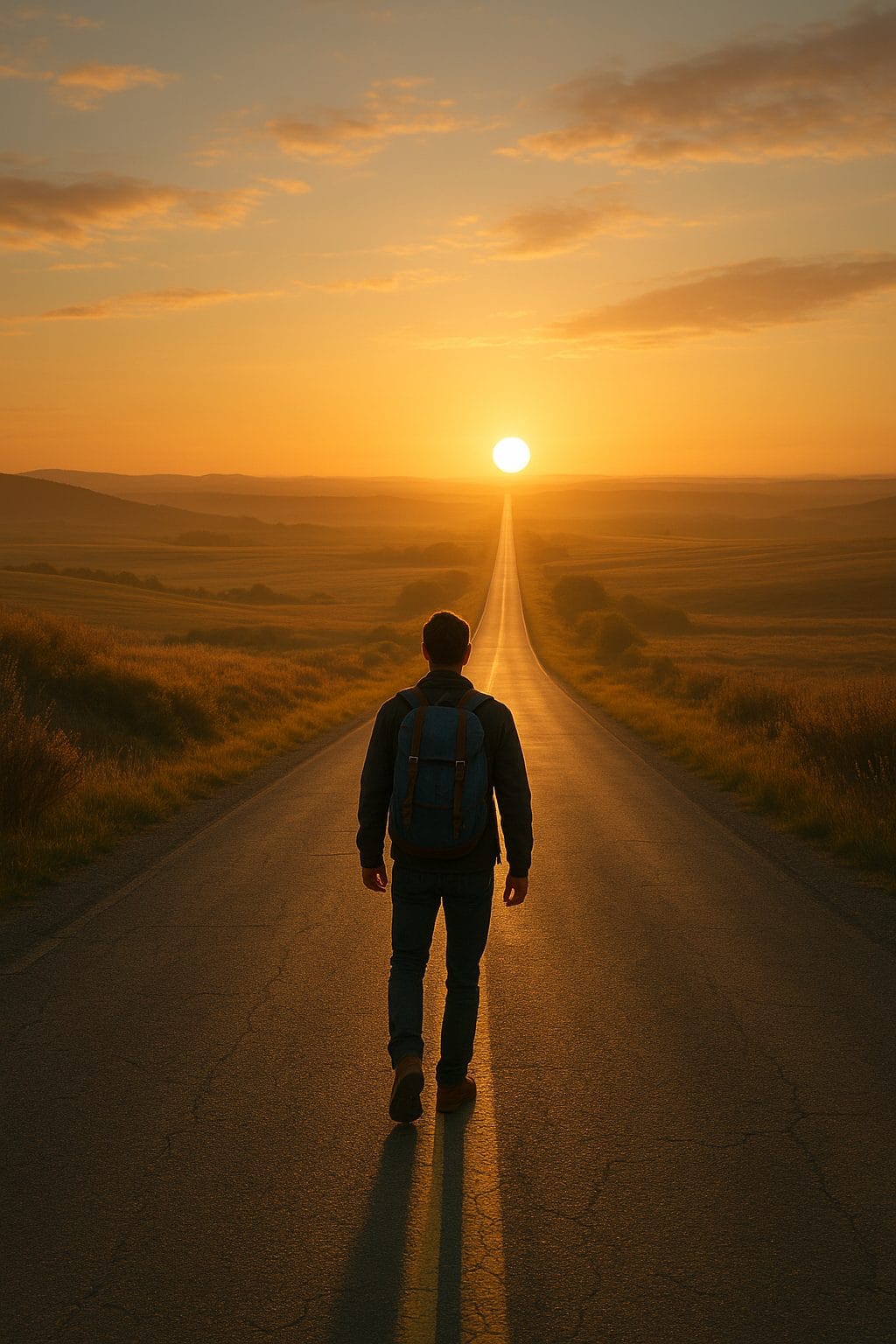 朝日の中の一人旅人