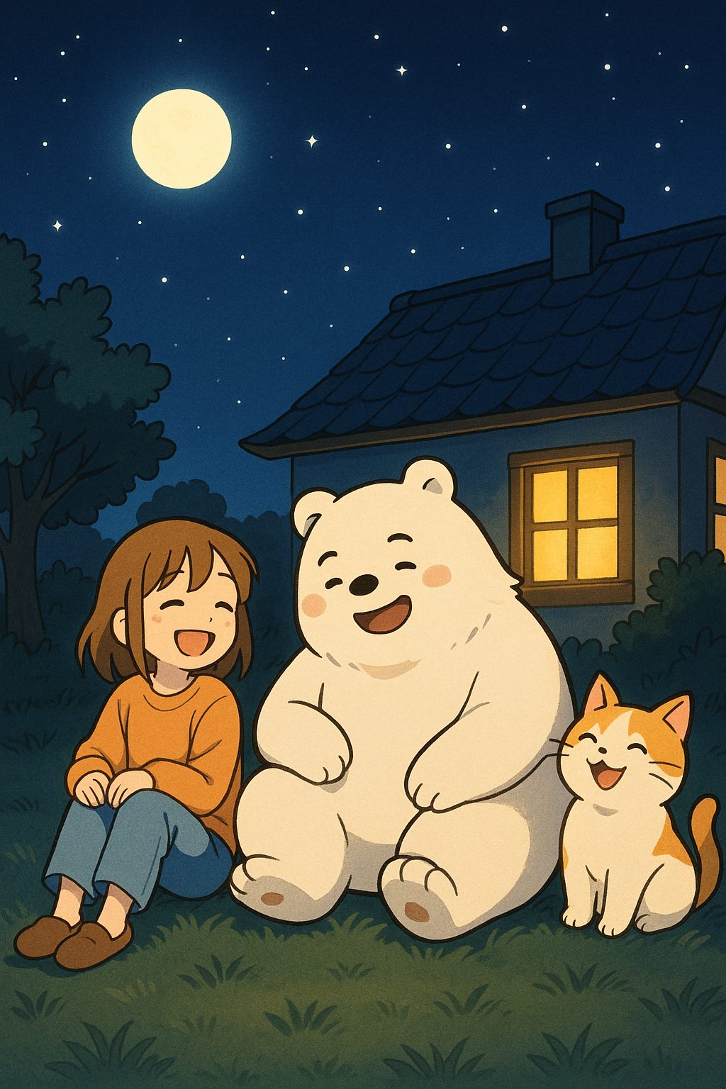 夜の丘の仲良し三人組