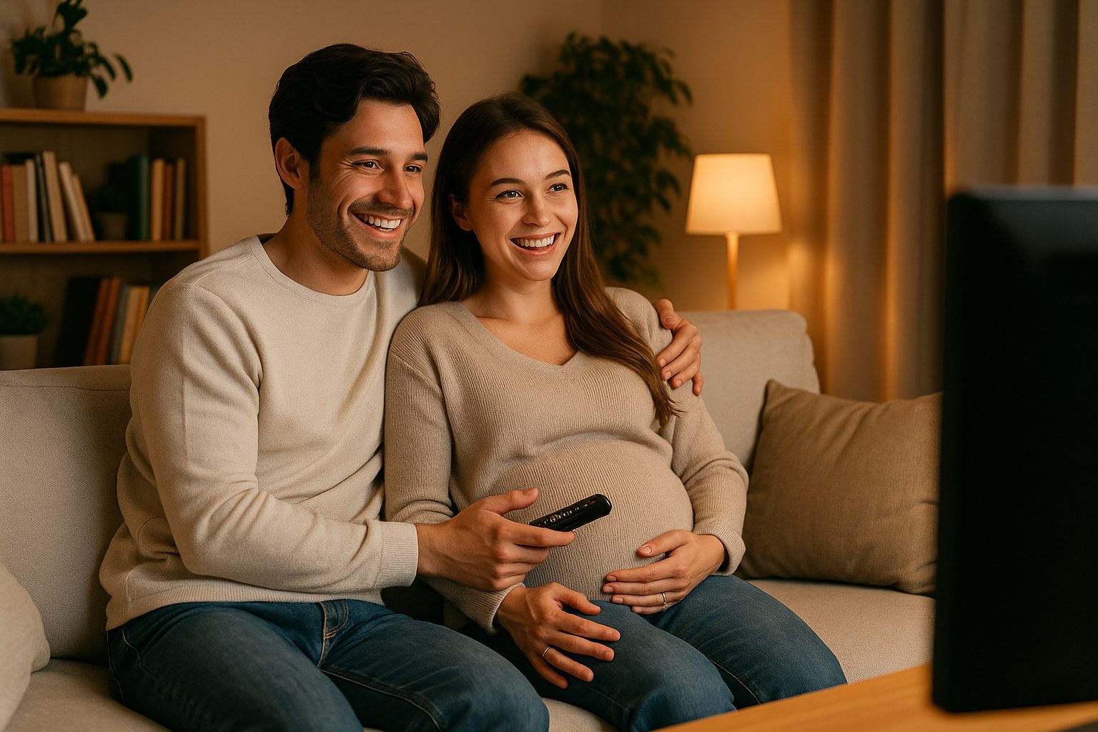 リビングで映画を楽しむ二人