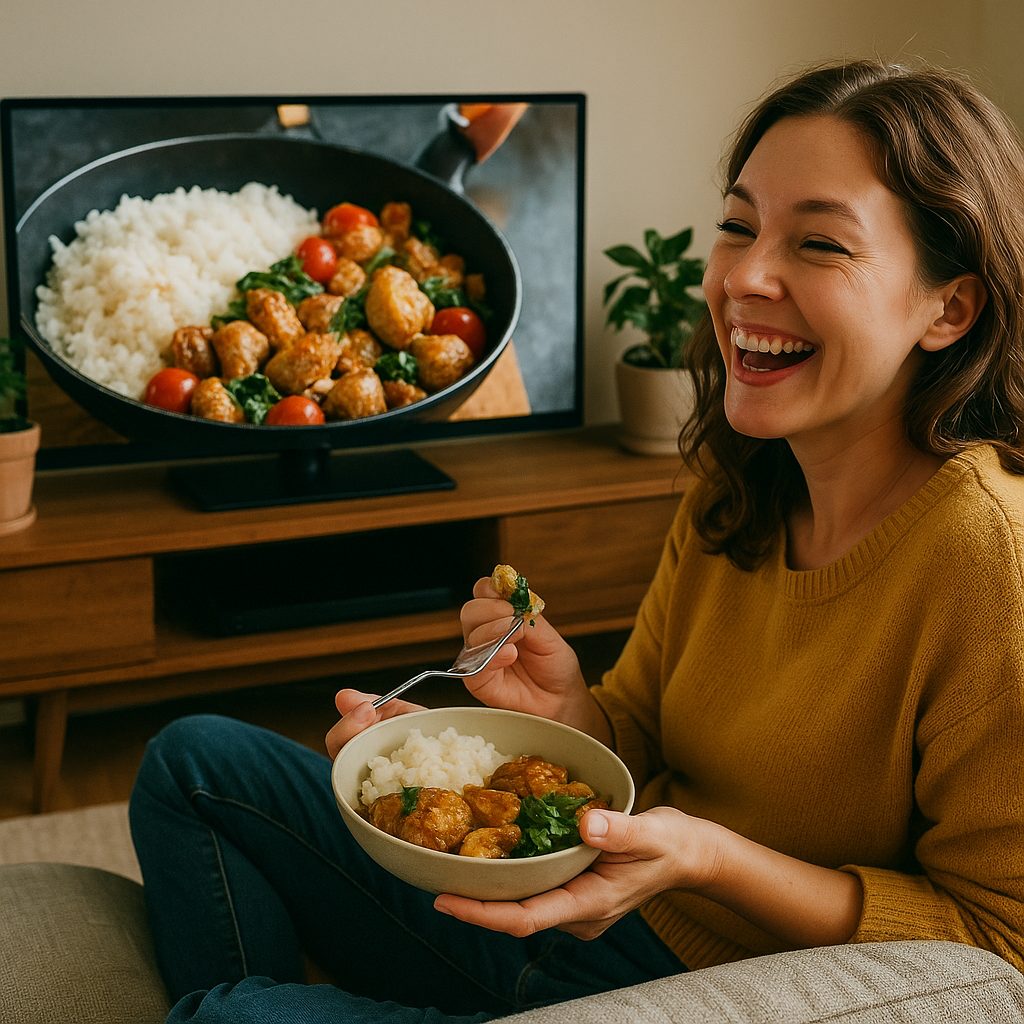 ソファで料理を楽しむ笑顔の女性