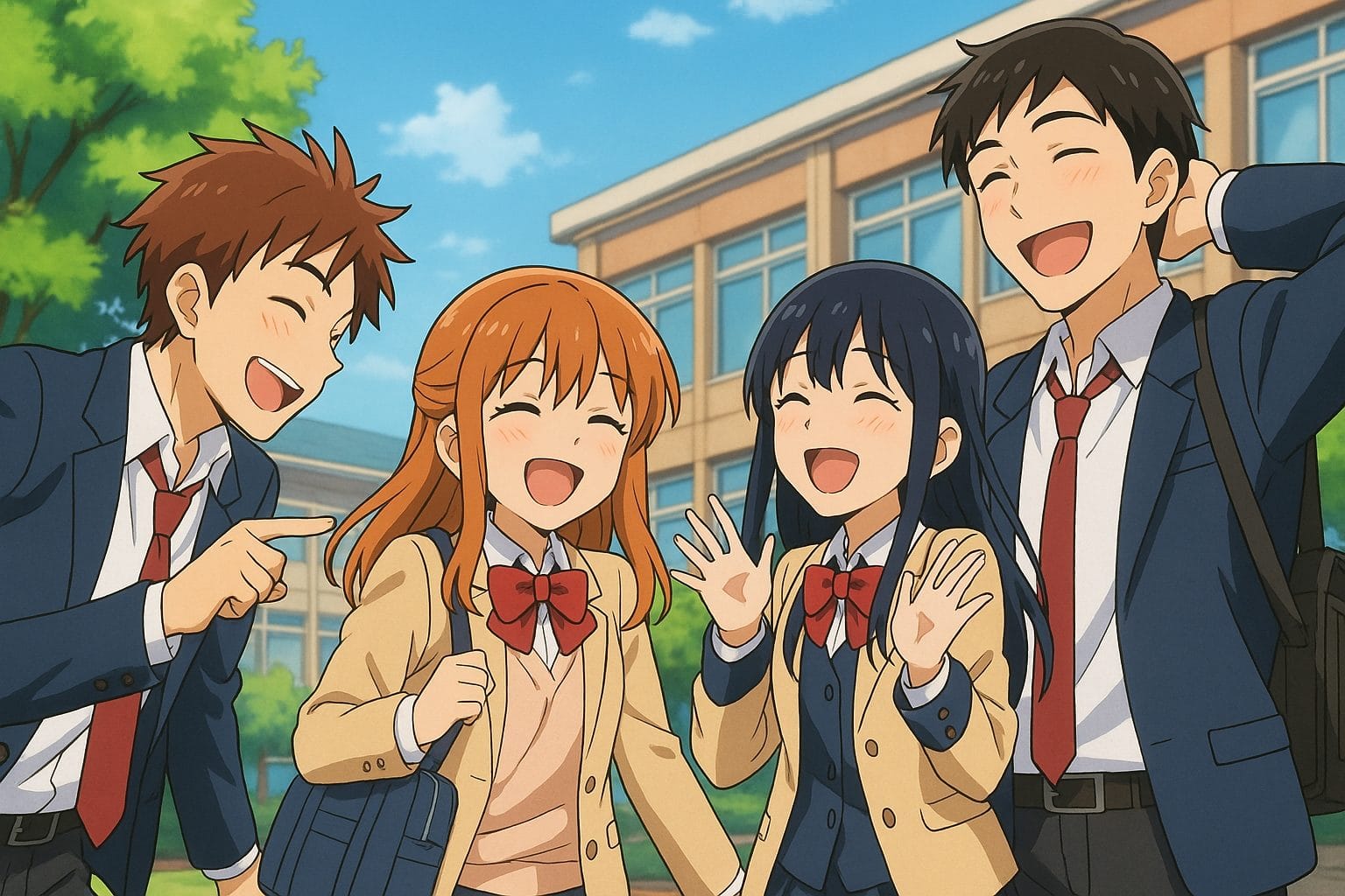 学校の庭で笑う学生たち