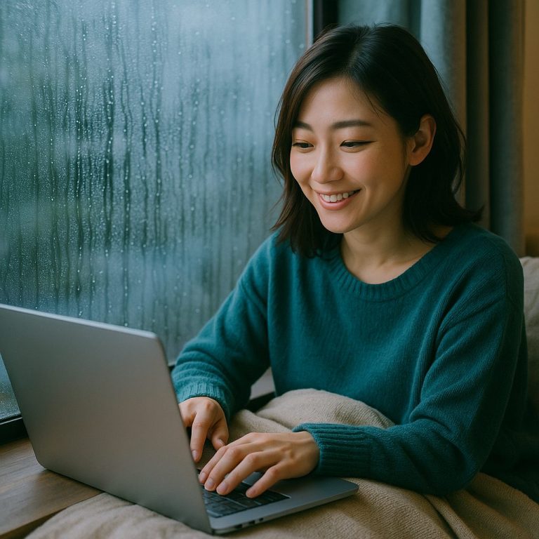 雨の窓辺で作業하는女性
