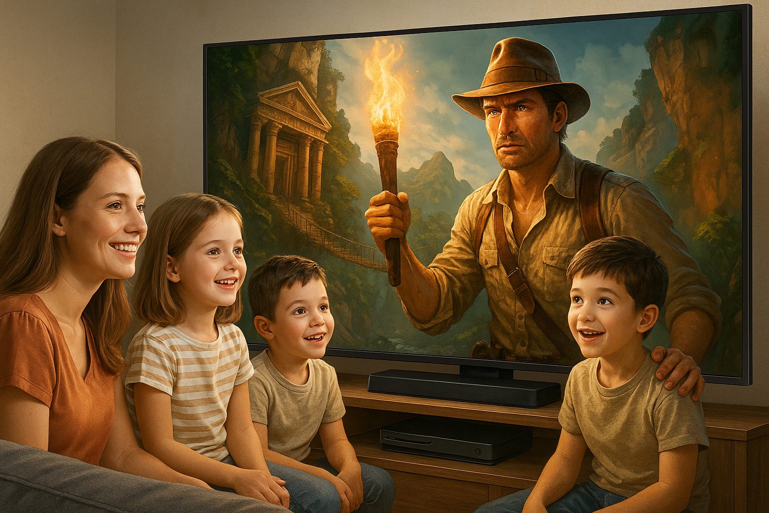 映画の冒険に没頭する家族