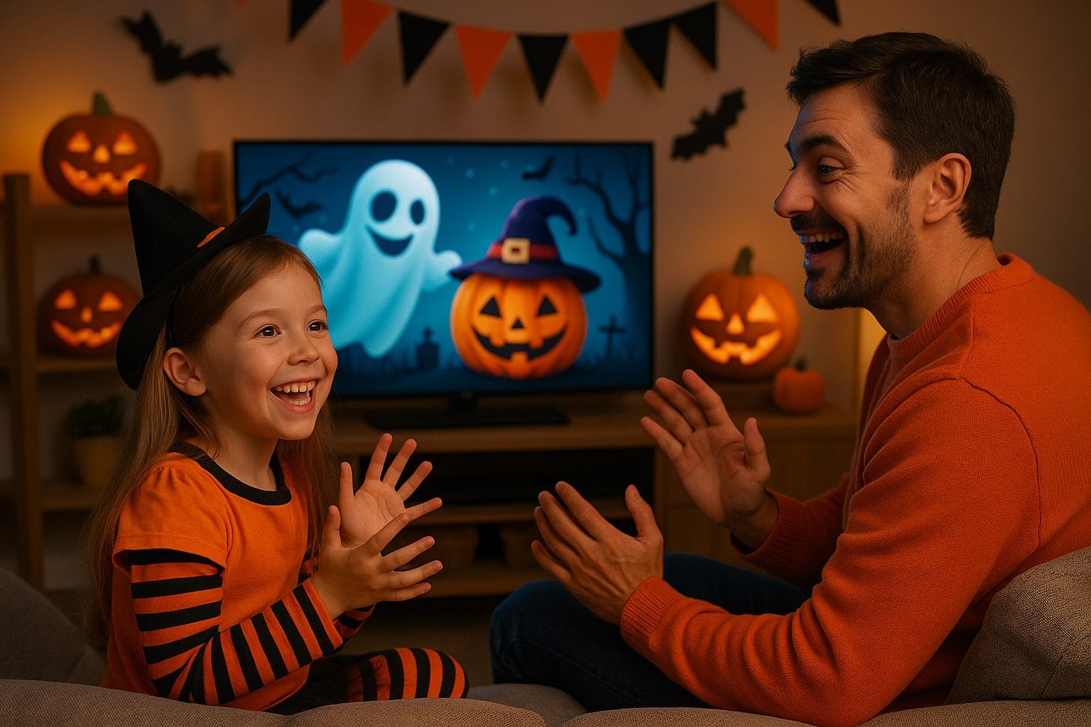 ハロウィンの映画を楽しむ親子 (1)