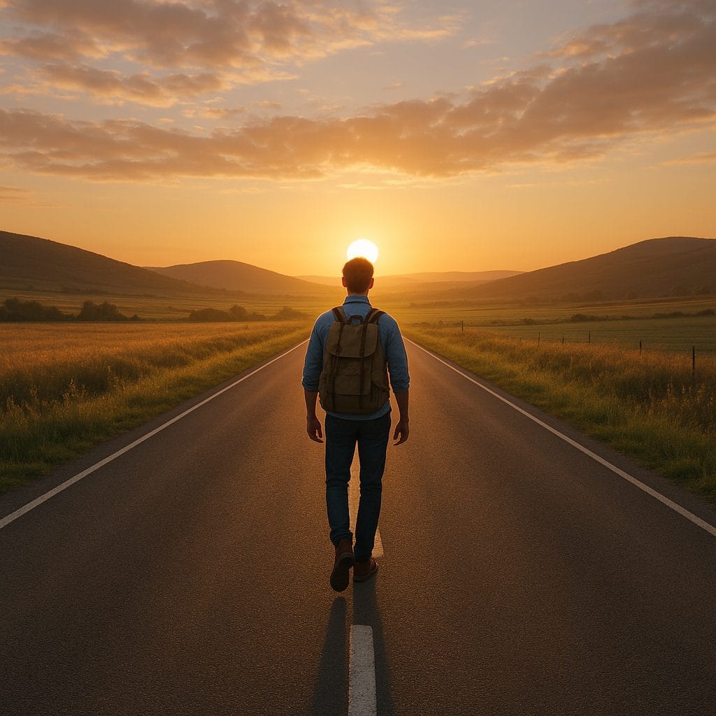 朝日の道を歩む