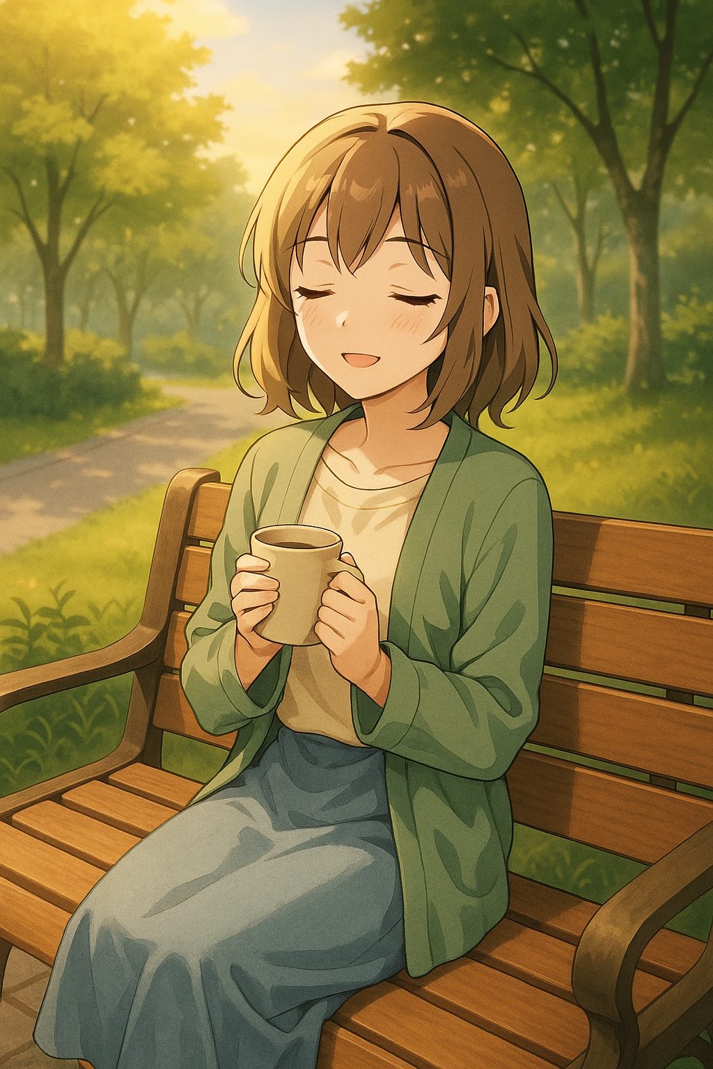 夕日の公園でリラックスする少女