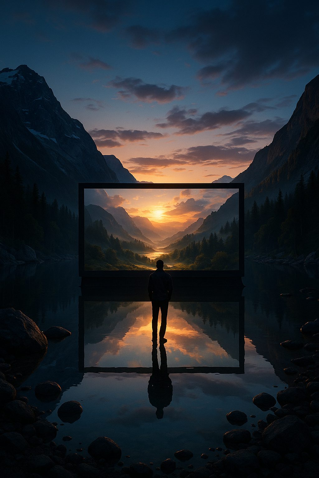 湖畔の映画と山々の夕景