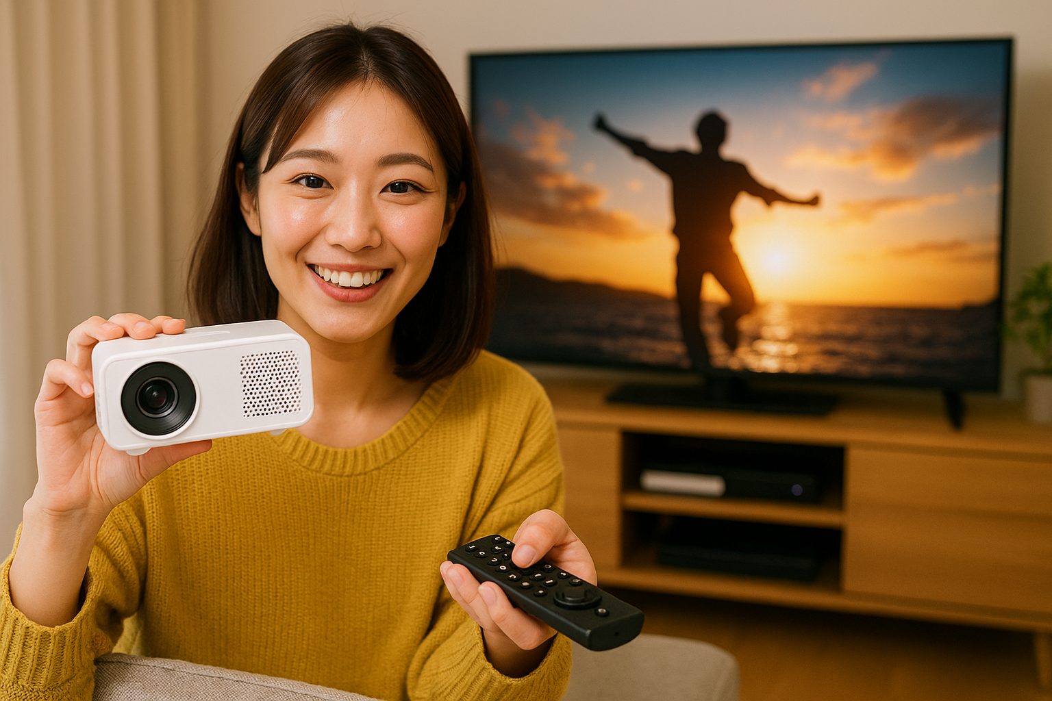 明るいリビングルームで投影機を持つ女性