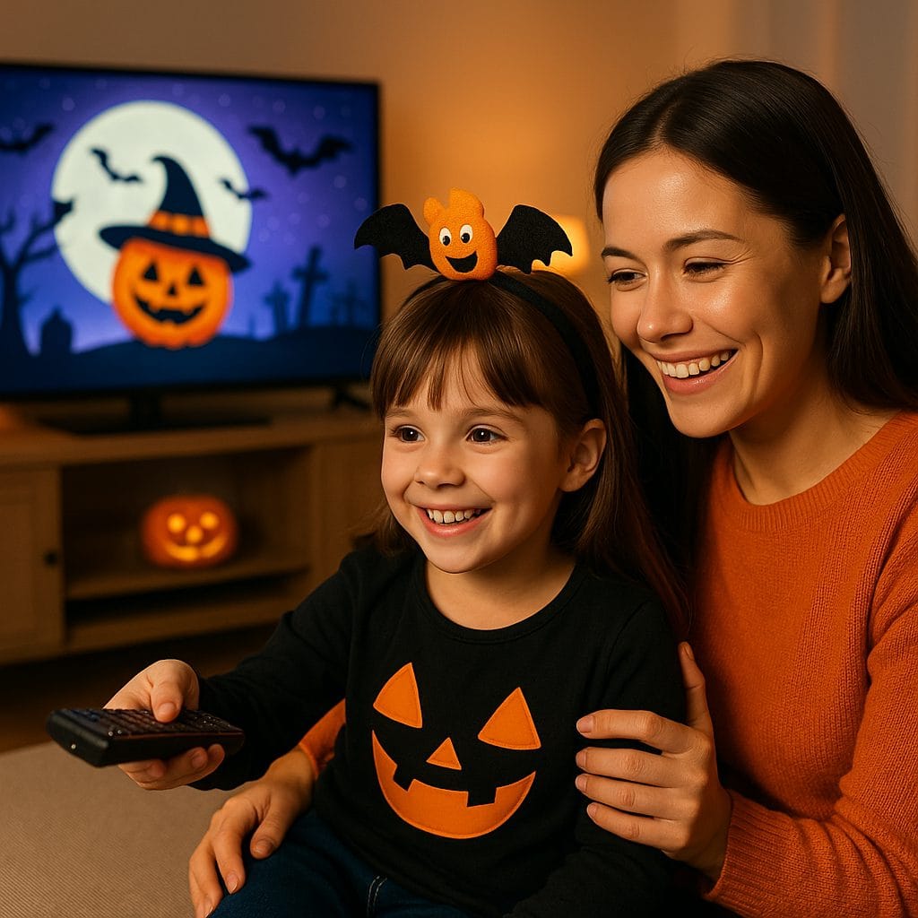 ハロウィンの映画を楽しむ親子