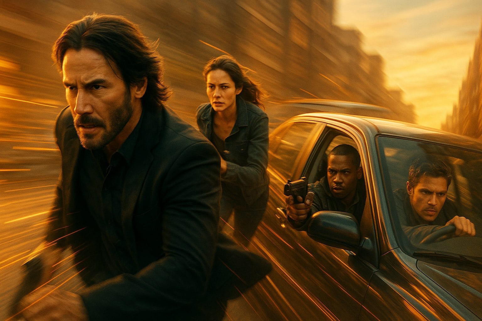 都市の夕暮れ、逃走劇