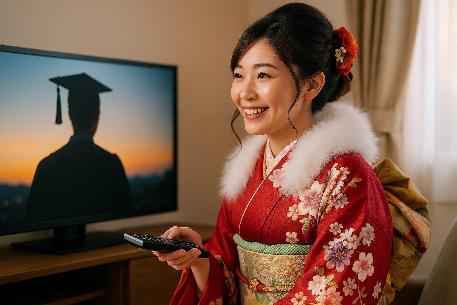 伝統的な着物で映画鑑賞