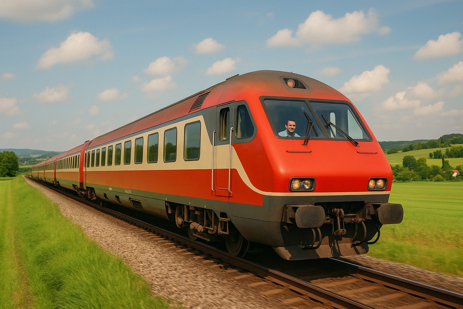 緑の丘を走る列車