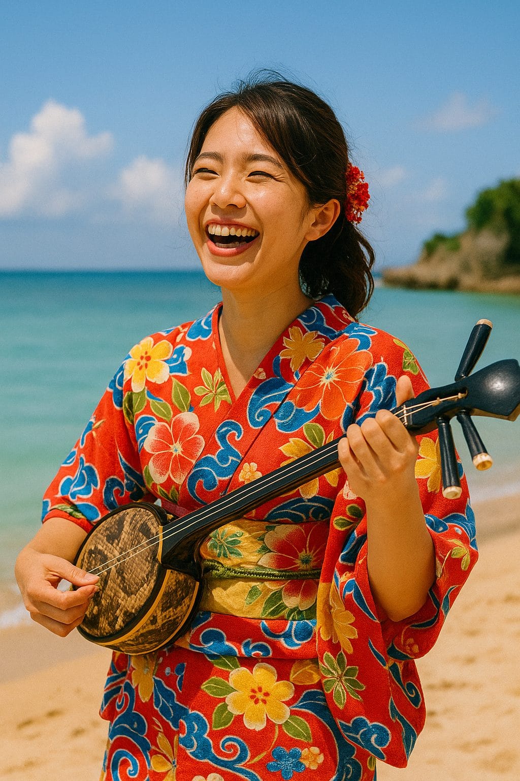 沖縄のビーチでの笑顔