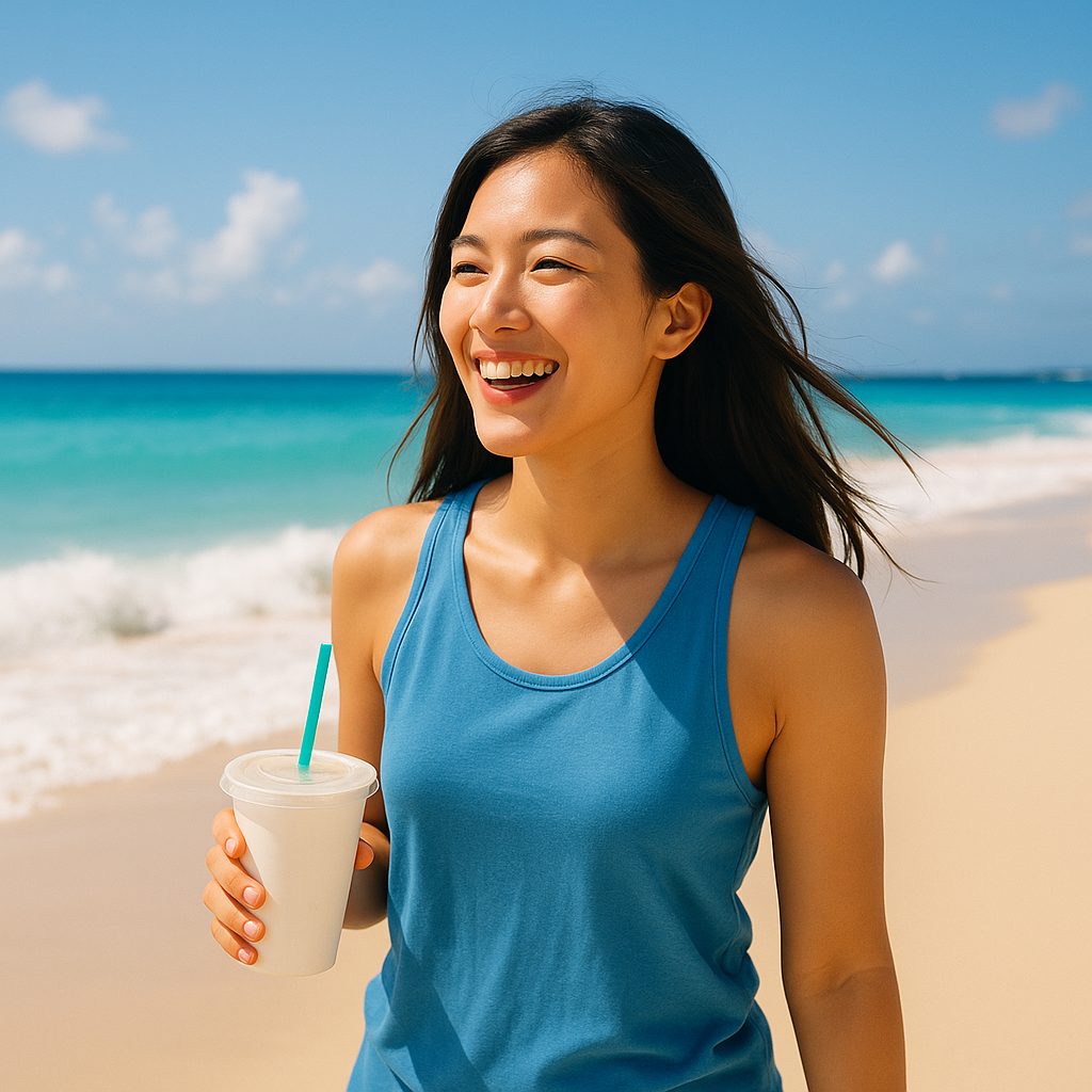 ビーチでの笑顔の女性