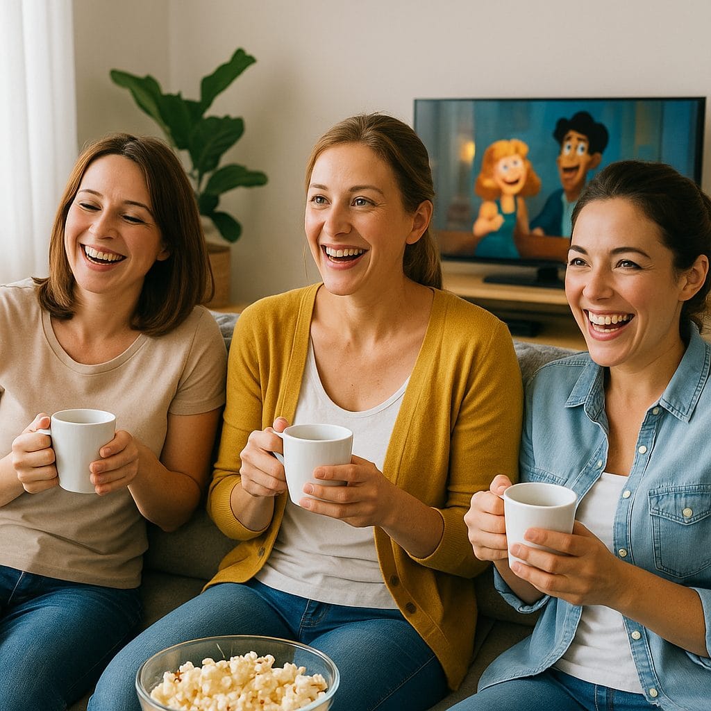 ソファで映画を楽しむ母たち