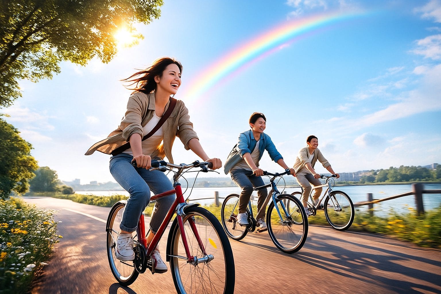 虹の下を走る友達たち