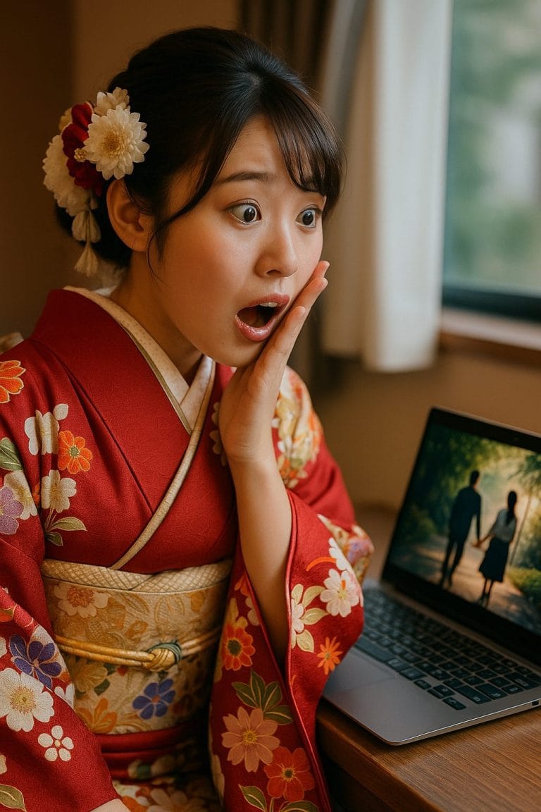 映画を観る着物姿の女性