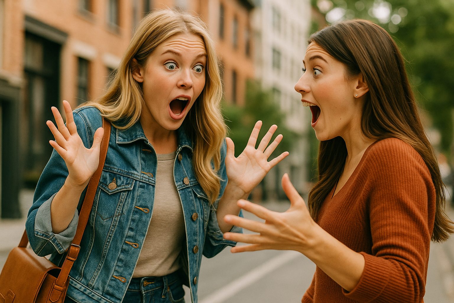 街角で再会する友達