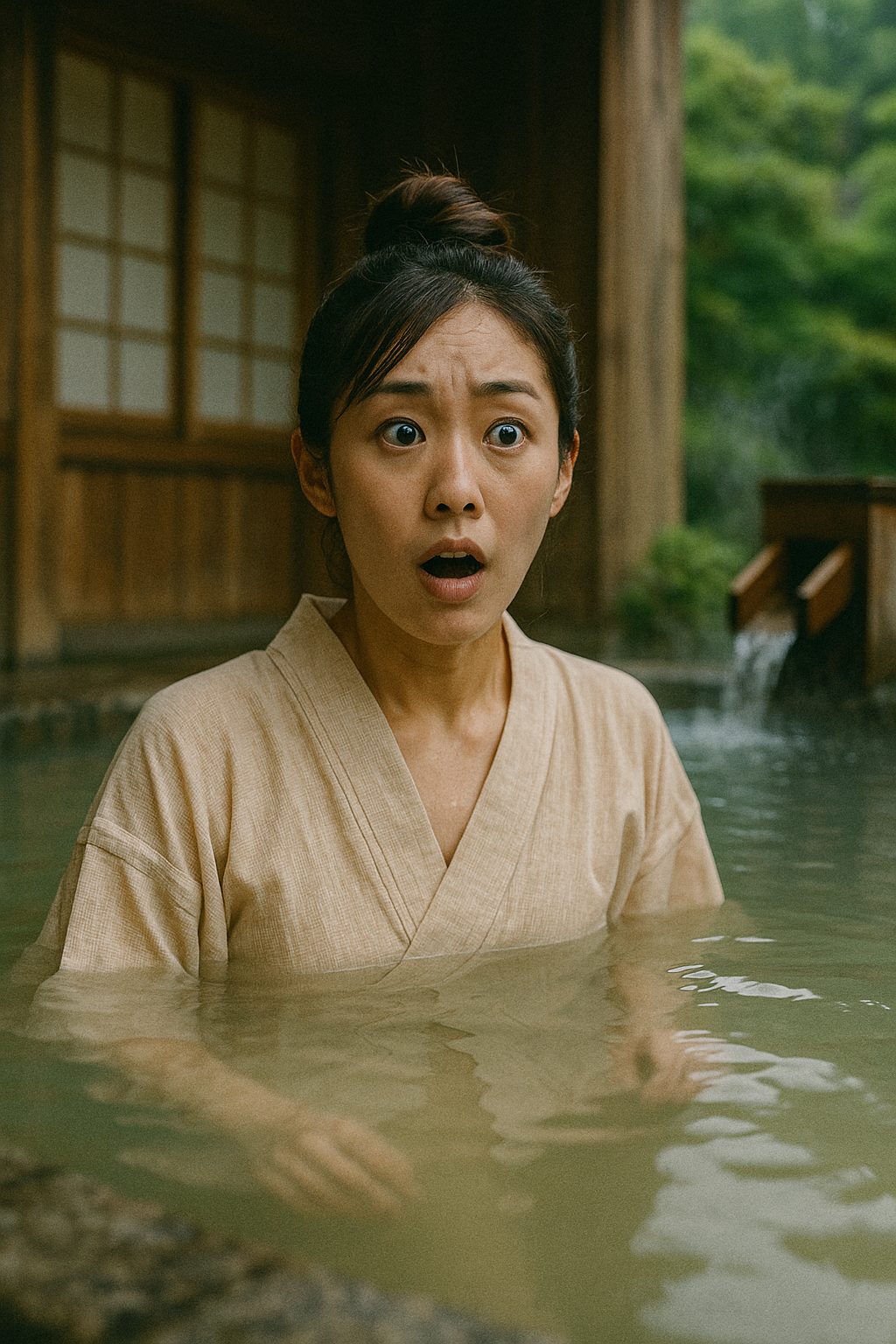 温泉で驚く若い女性