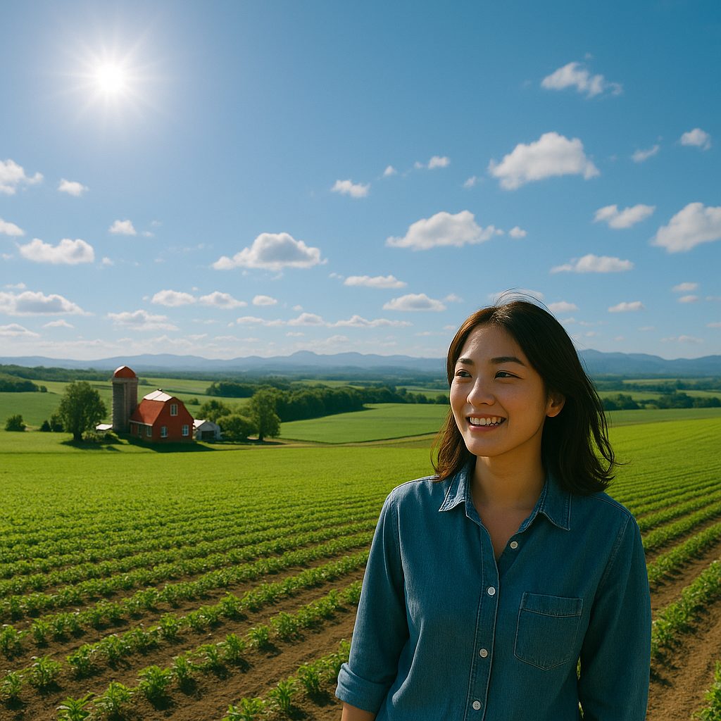 農場の風景と微笑む女性
