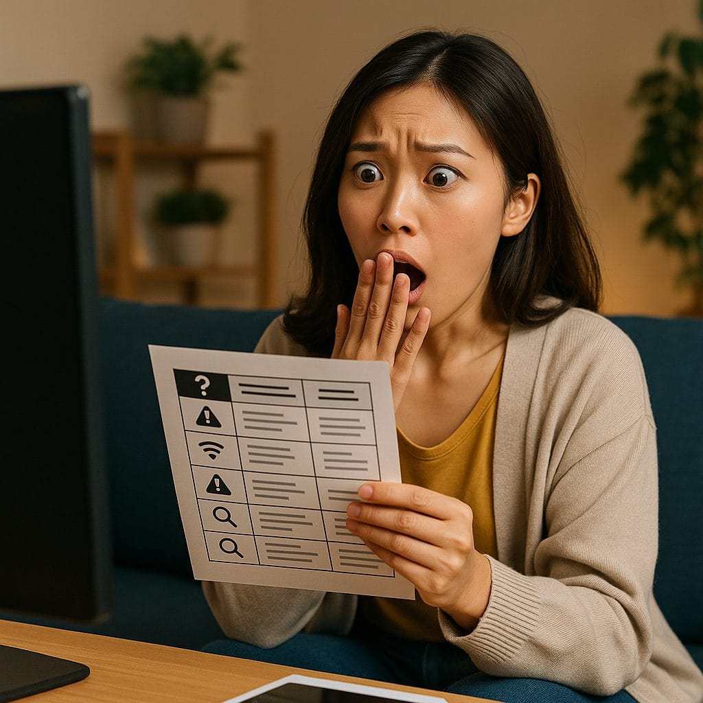 驚いた表情の女性とトラブルシュートシート