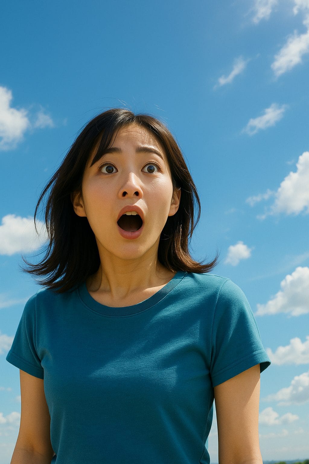 青空の下で驚く女性