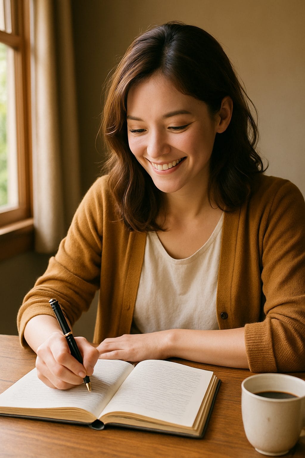 窓辺で書き物をする女性