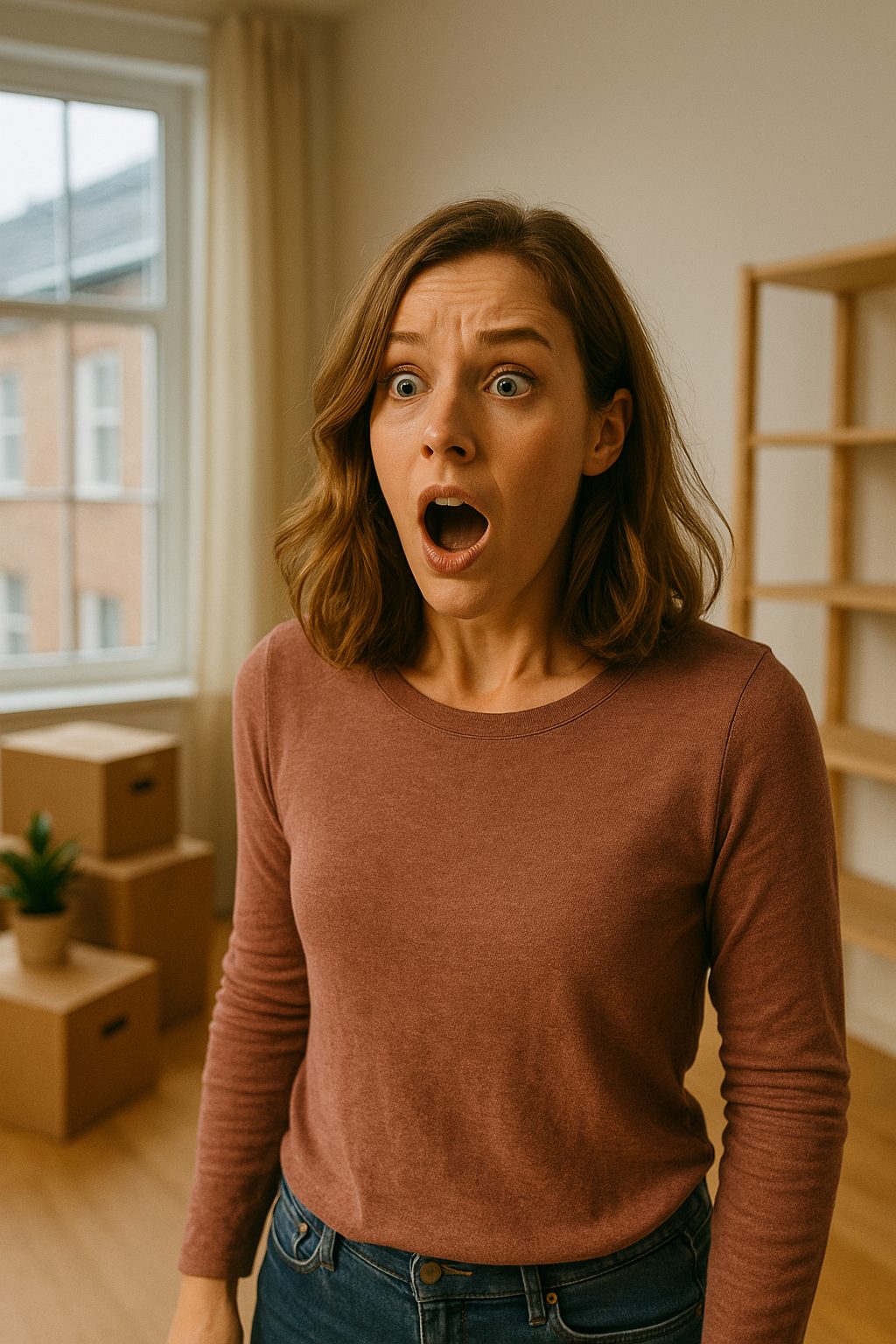 驚いた表情の女性と引越しボックス