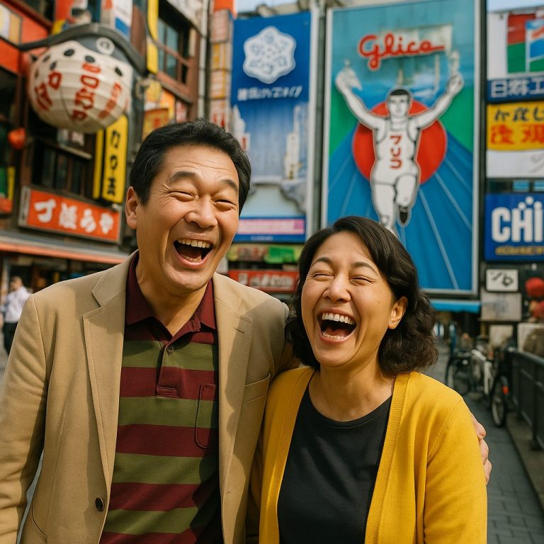 大阪の街角で笑う二人