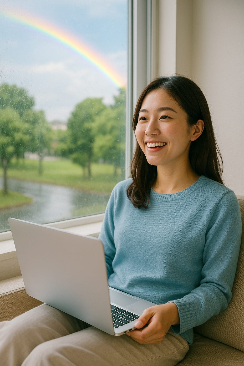 虹を眺める楽しげな女性