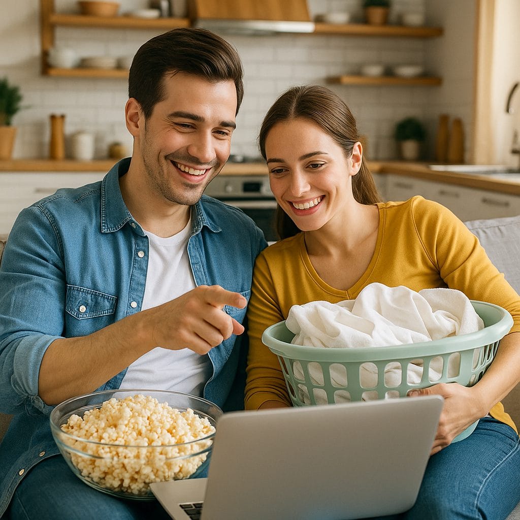 キッチンで映画を楽しむ二人